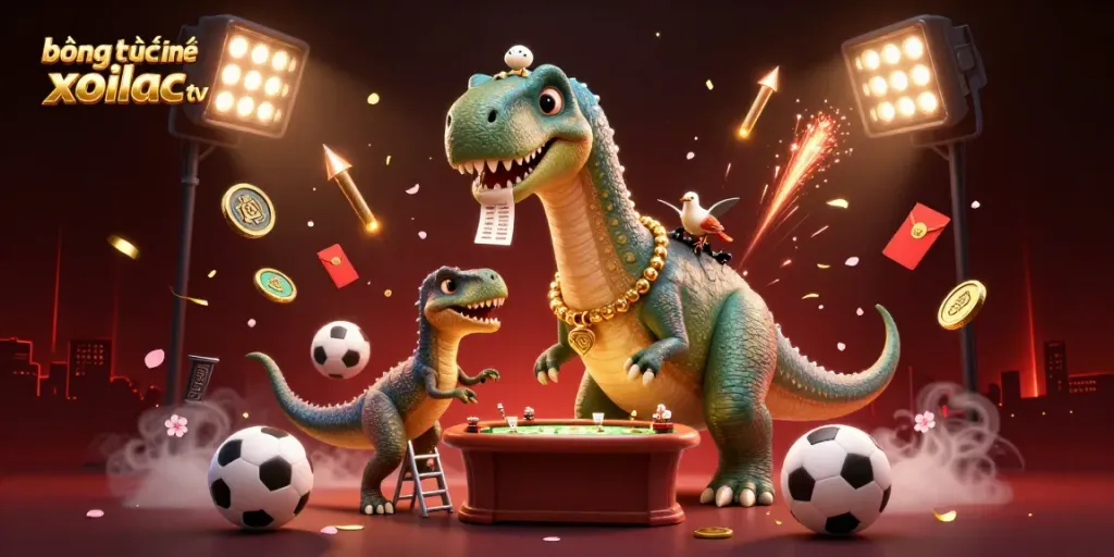 Engage with bóng đá trực tuyến xoilac tv in a vibrant 3D casino scene featuring a playful dinosaur and energetic raptor.