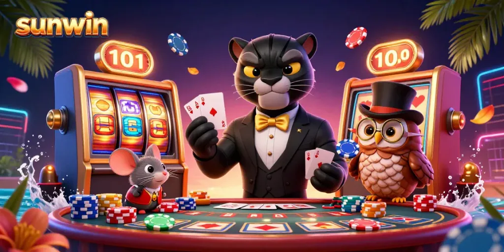 Experience the excitement of sunwin with a tuxedoed panther, owl, and lucky mouse in a vibrant casino scene.