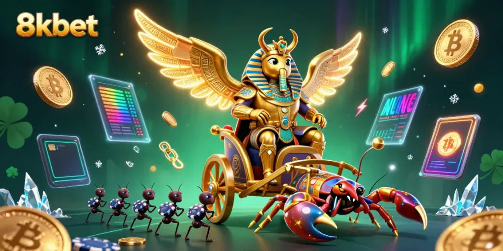 Engage with 8xbet's thrilling online gaming through a vibrant 3D illustration showcasing casino elements.