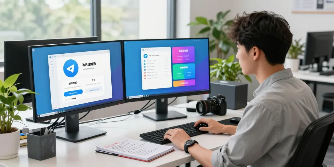 Customizing Telegram Chinese settings in a modern tech workspace with vibrant elements.