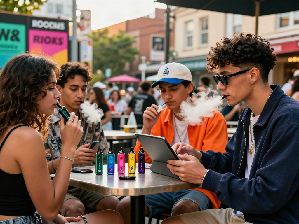 Friends enjoying trendy rokok88 vape flavors in an urban café scene, reflecting vibrant youth culture.