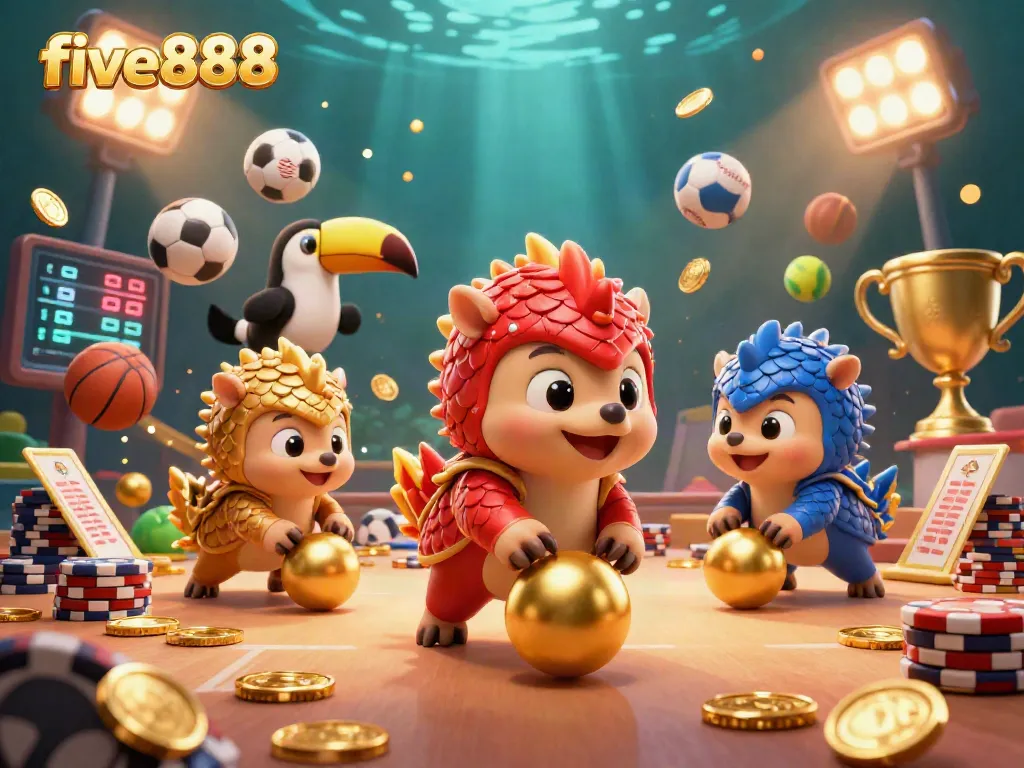 Engage with five888's dynamic gaming atmosphere featuring 3D pangolins rolling through poker chips and golden elements.