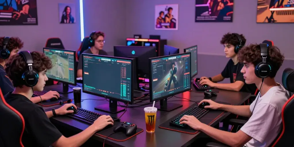 Engaged gamers enjoying ROKOK88 games on multiple screens, showcasing the excitement of online gaming.