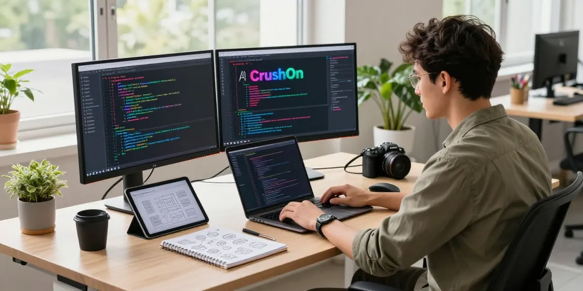 Explore CrushOn AI innovations in a vibrant tech workspace with a developer engaged in creative coding.