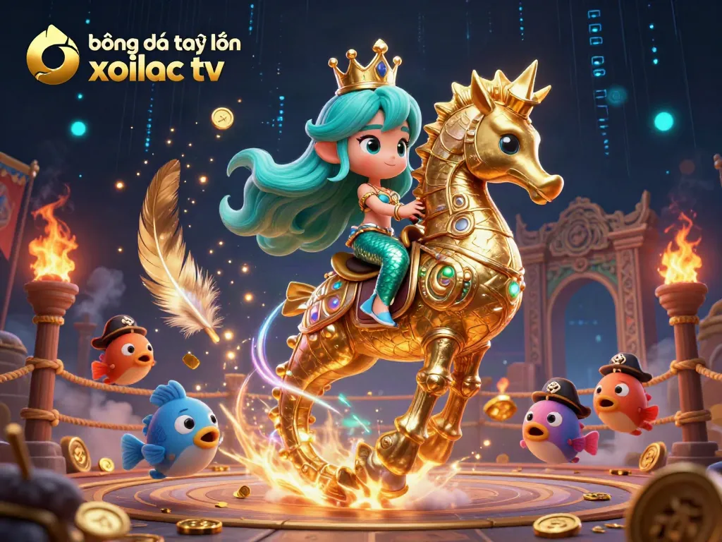 bóng đá trực tuyến xoilac tv vibrant 3D illustration showcasing a mermaid princess riding a golden seahorse, surrounded by animated marine life and casino-themed elements.