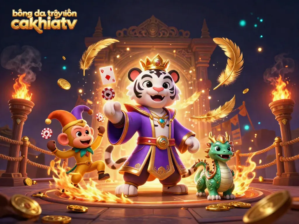 Experience bóng đá trực tuyến cakhiatv in a vibrant scene featuring a majestic tiger and other whimsical characters in a thrilling casino environment.