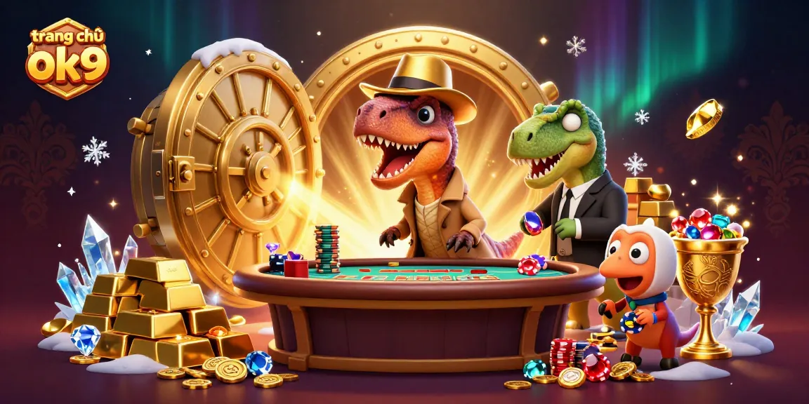 Engage with exciting games at trang chủ ok9, featuring vibrant 3D illustration of fantastical gambling adventures.